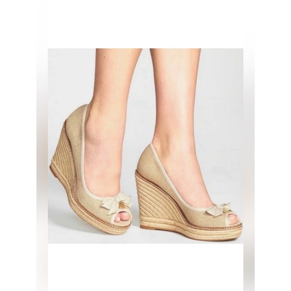 Tory Burch Jackie Canvas Bow Peep Toe Espadrille Wedges